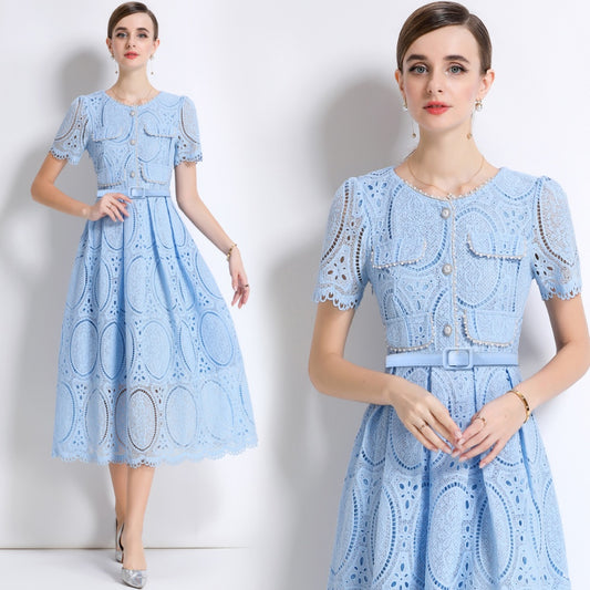 CM-DY049895 Women Elegant European Style Round Neck Short Sleeve Lace Belted Mid-Length Dress - Blue