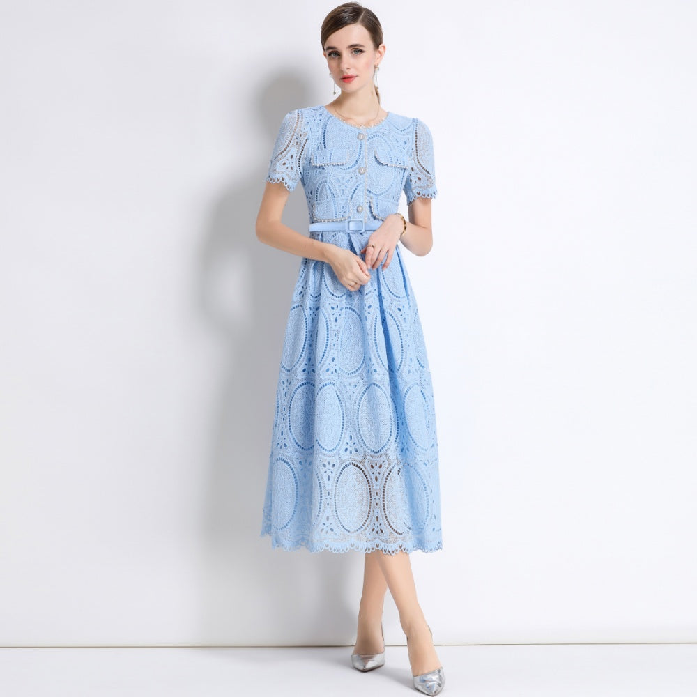 CM-DY049895 Women Elegant European Style Round Neck Short Sleeve Lace Belted Mid-Length Dress - Blue