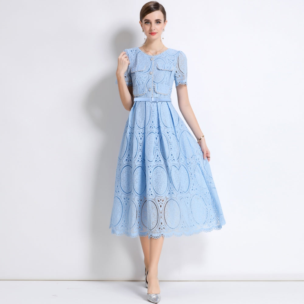 CM-DY049895 Women Elegant European Style Round Neck Short Sleeve Lace Belted Mid-Length Dress - Blue
