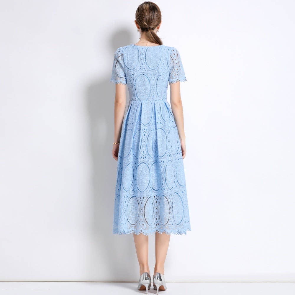 CM-DY049895 Women Elegant European Style Round Neck Short Sleeve Lace Belted Mid-Length Dress - Blue