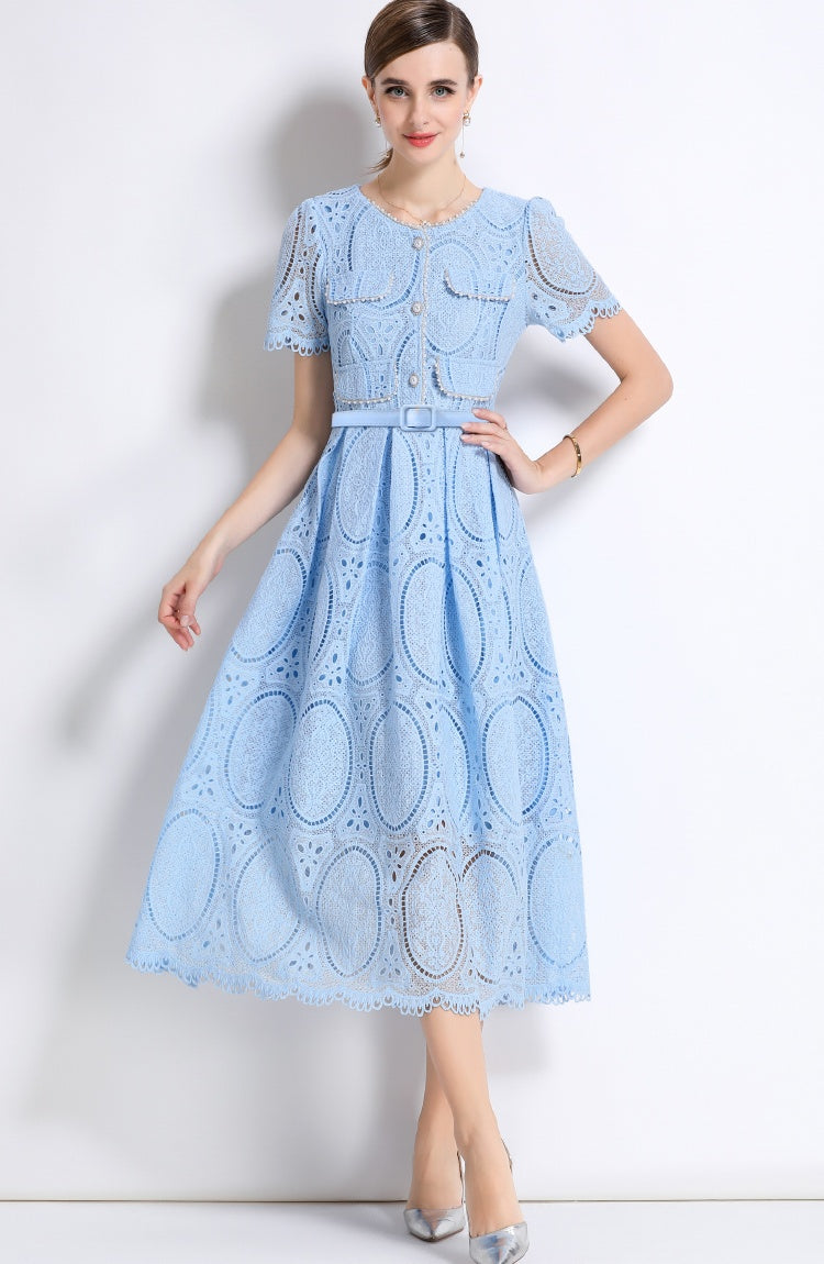 CM-DY049895 Women Elegant European Style Round Neck Short Sleeve Lace Belted Mid-Length Dress - Blue