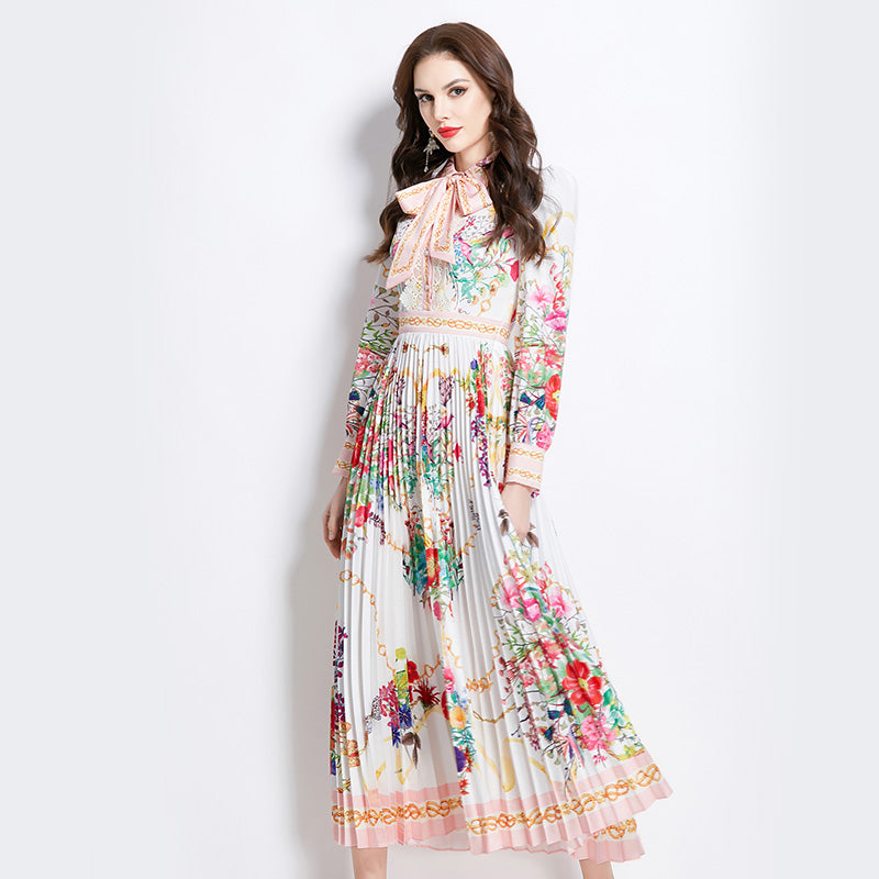 CM-DY049995 Women Elegant European Style Floral Print Tie Neck Long Sleeve Pleated Maxi Dress - White
