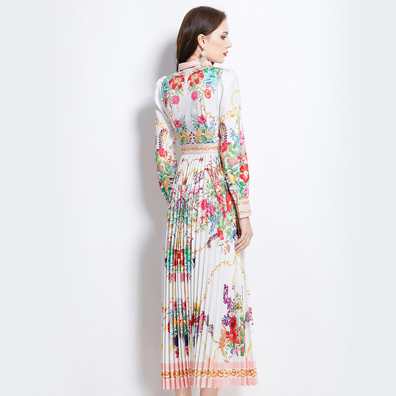 CM-DY049995 Women Elegant European Style Floral Print Tie Neck Long Sleeve Pleated Maxi Dress - White