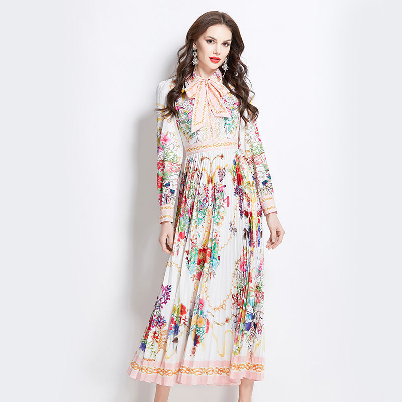 CM-DY049995 Women Elegant European Style Floral Print Tie Neck Long Sleeve Pleated Maxi Dress - White