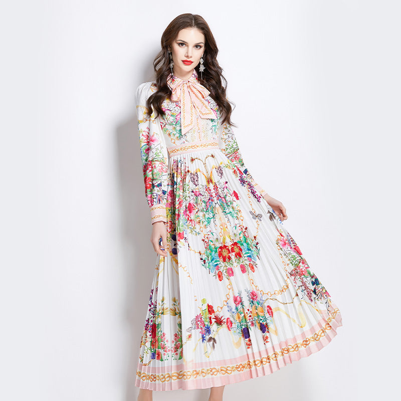 CM-DY049995 Women Elegant European Style Floral Print Tie Neck Long Sleeve Pleated Maxi Dress - White