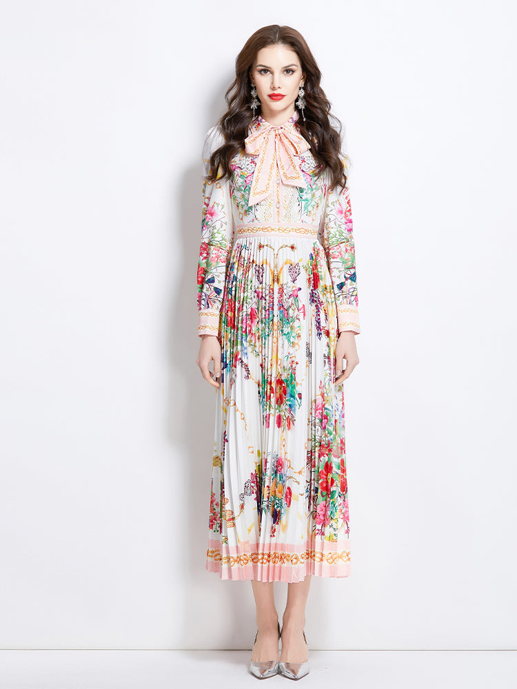 CM-DY049995 Women Elegant European Style Floral Print Tie Neck Long Sleeve Pleated Maxi Dress - White