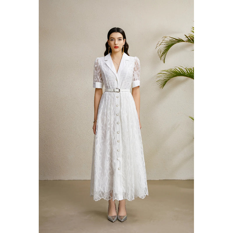 CM-DY050207 Women Elegant European Style Embroidery Deep V-Neck Lantern Sleeve Long Dress - White