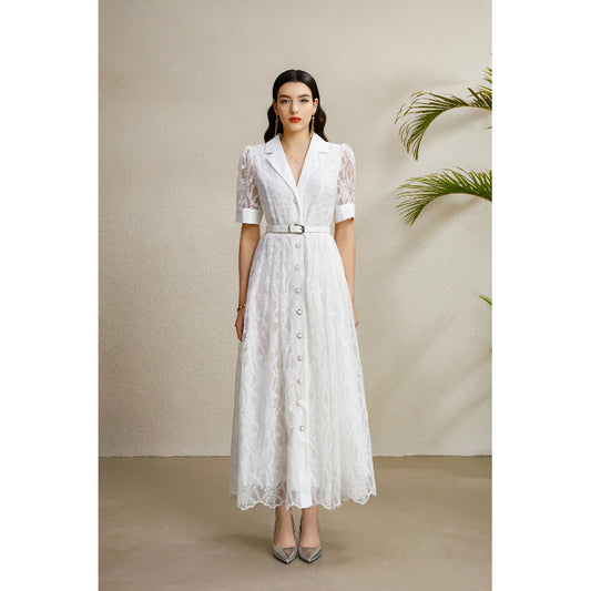 CM-DY050207 Women Elegant European Style Embroidery Deep V-Neck Lantern Sleeve Long Dress - White