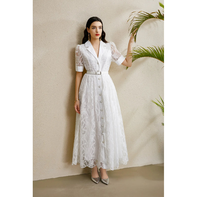 CM-DY050207 Women Elegant European Style Embroidery Deep V-Neck Lantern Sleeve Long Dress - White