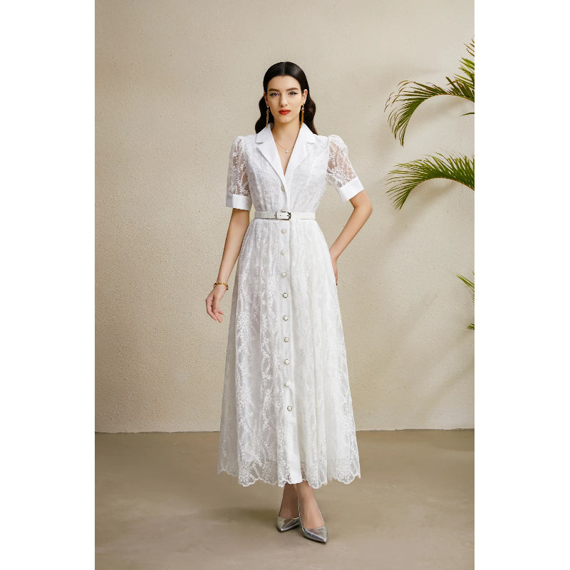 CM-DY050207 Women Elegant European Style Embroidery Deep V-Neck Lantern Sleeve Long Dress - White