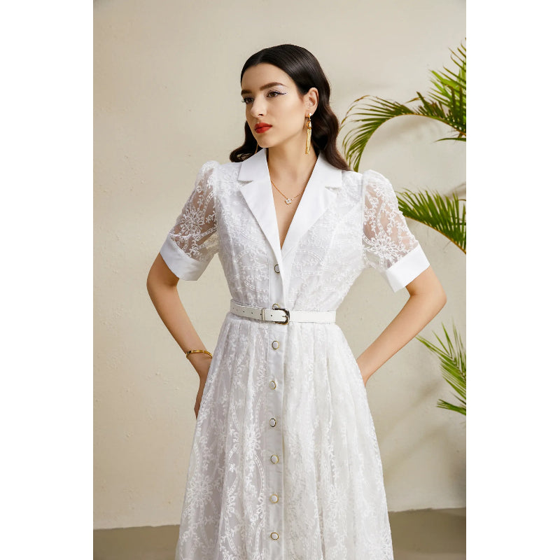 CM-DY050207 Women Elegant European Style Embroidery Deep V-Neck Lantern Sleeve Long Dress - White