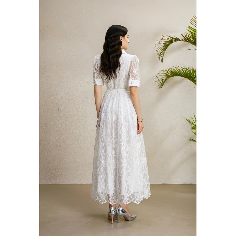 CM-DY050207 Women Elegant European Style Embroidery Deep V-Neck Lantern Sleeve Long Dress - White