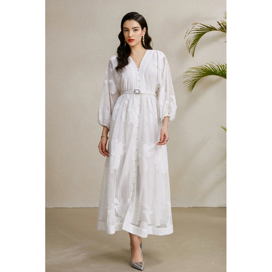 CM-DY050211 Women Elegant European Style Lace V-Neck Puff Sleeve Mid-Length Dress - White