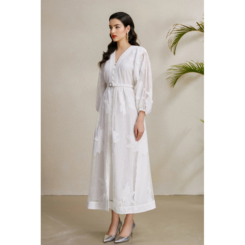 CM-DY050211 Women Elegant European Style Lace V-Neck Puff Sleeve Mid-Length Dress - White
