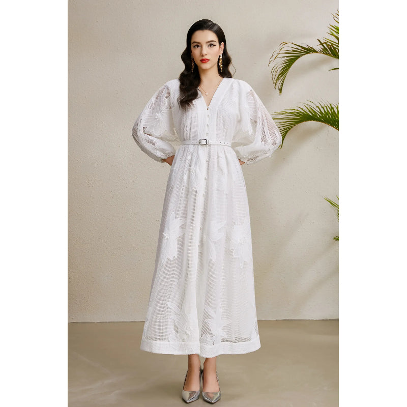 CM-DY050211 Women Elegant European Style Lace V-Neck Puff Sleeve Mid-Length Dress - White