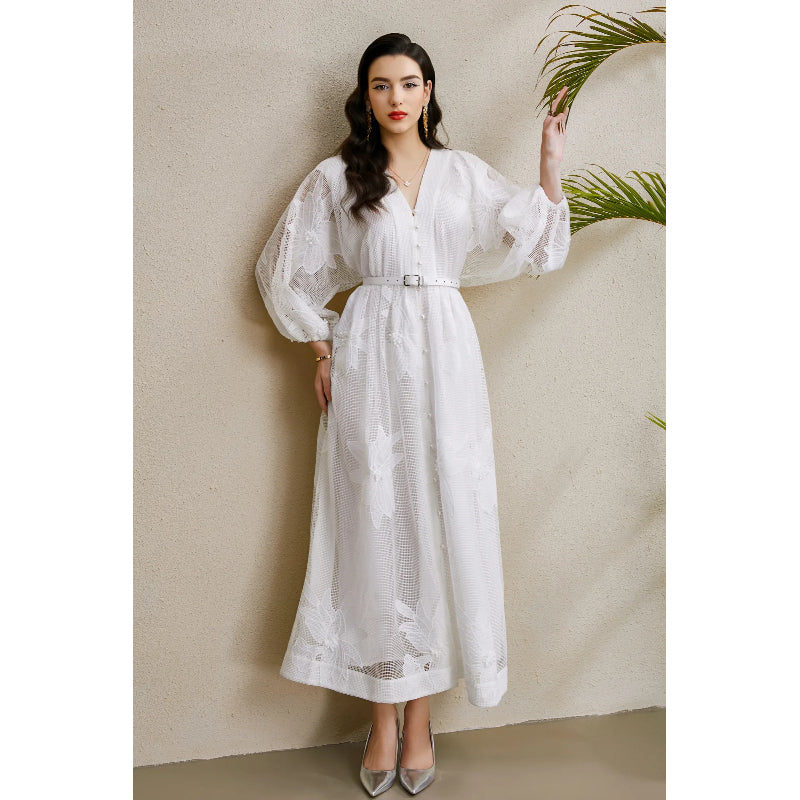 CM-DY050211 Women Elegant European Style Lace V-Neck Puff Sleeve Mid-Length Dress - White