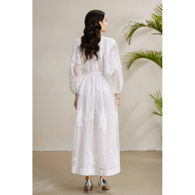 CM-DY050211 Women Elegant European Style Lace V-Neck Puff Sleeve Mid-Length Dress - White