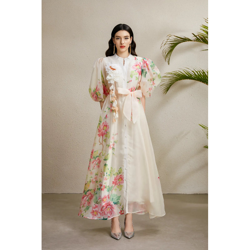 CM-DY050214 Women Elegant European Style Floral Print Round Neck Puff Sleeve Long Dress - Apricot