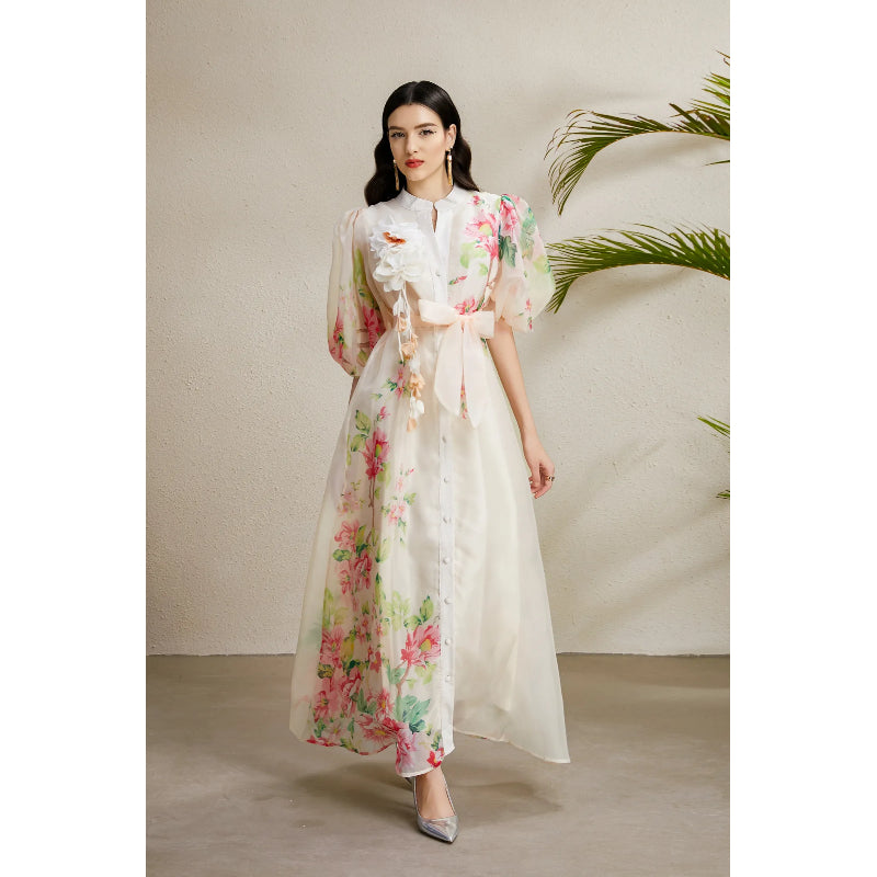 CM-DY050214 Women Elegant European Style Floral Print Round Neck Puff Sleeve Long Dress - Apricot