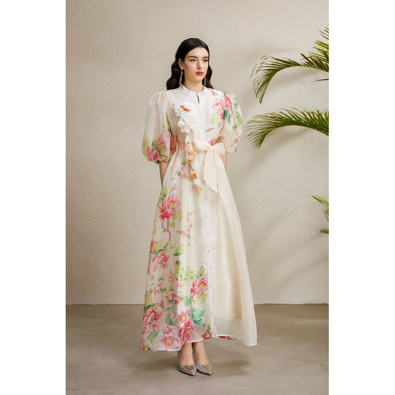 CM-DY050214 Women Elegant European Style Floral Print Round Neck Puff Sleeve Long Dress - Apricot