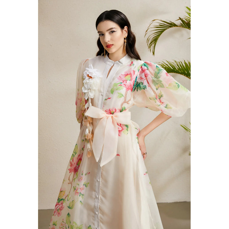 CM-DY050214 Women Elegant European Style Floral Print Round Neck Puff Sleeve Long Dress - Apricot