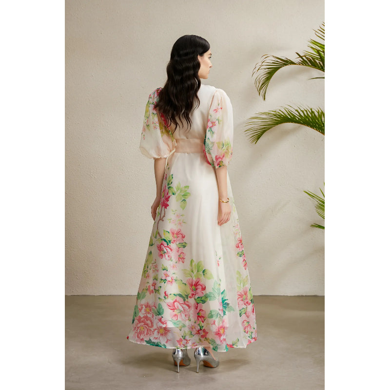 CM-DY050214 Women Elegant European Style Floral Print Round Neck Puff Sleeve Long Dress - Apricot
