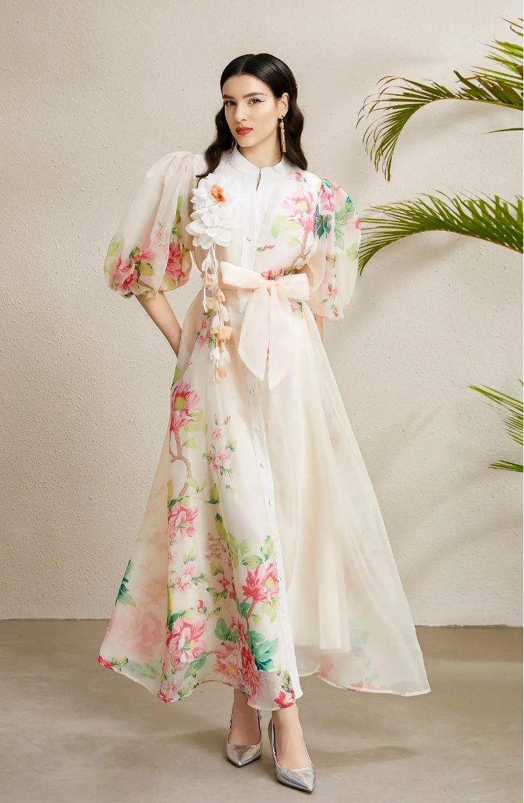 CM-DY050214 Women Elegant European Style Floral Print Round Neck Puff Sleeve Long Dress - Apricot