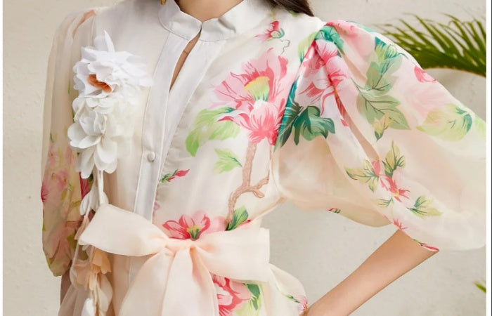 CM-DY050214 Women Elegant European Style Floral Print Round Neck Puff Sleeve Long Dress - Apricot