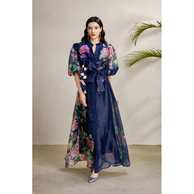 CM-DY050215 Women Elegant European Style Floral Print Round Neck Puff Sleeve Long Dress - Navy Blue