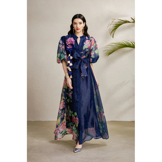 CM-DY050215 Women Elegant European Style Floral Print Round Neck Puff Sleeve Long Dress - Navy Blue