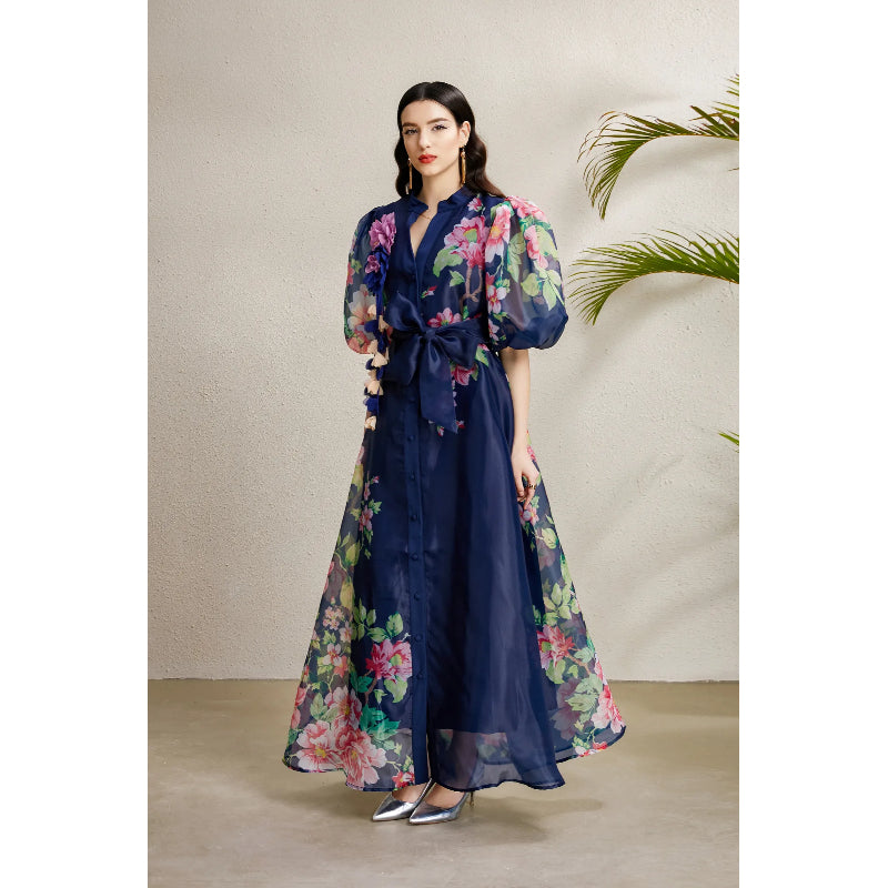 CM-DY050215 Women Elegant European Style Floral Print Round Neck Puff Sleeve Long Dress - Navy Blue