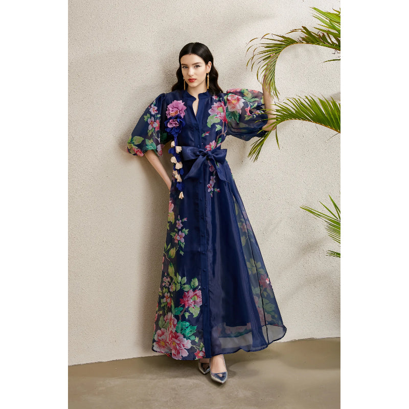 CM-DY050215 Women Elegant European Style Floral Print Round Neck Puff Sleeve Long Dress - Navy Blue