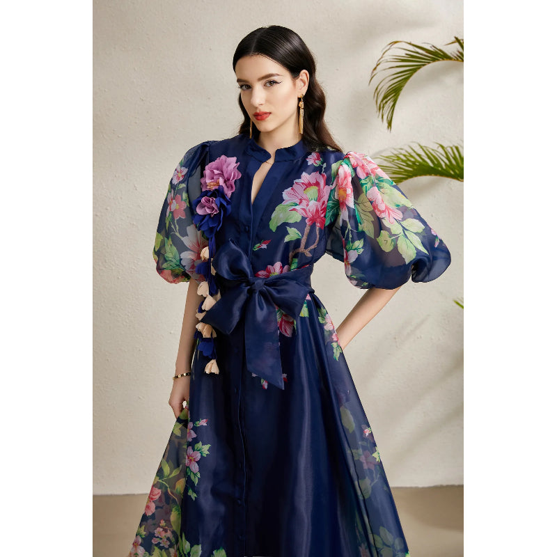 CM-DY050215 Women Elegant European Style Floral Print Round Neck Puff Sleeve Long Dress - Navy Blue