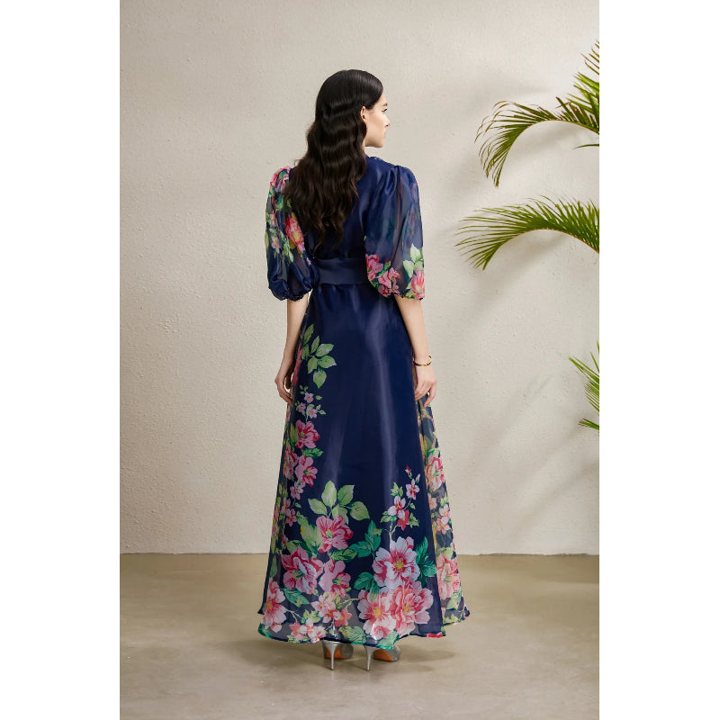 CM-DY050215 Women Elegant European Style Floral Print Round Neck Puff Sleeve Long Dress - Navy Blue