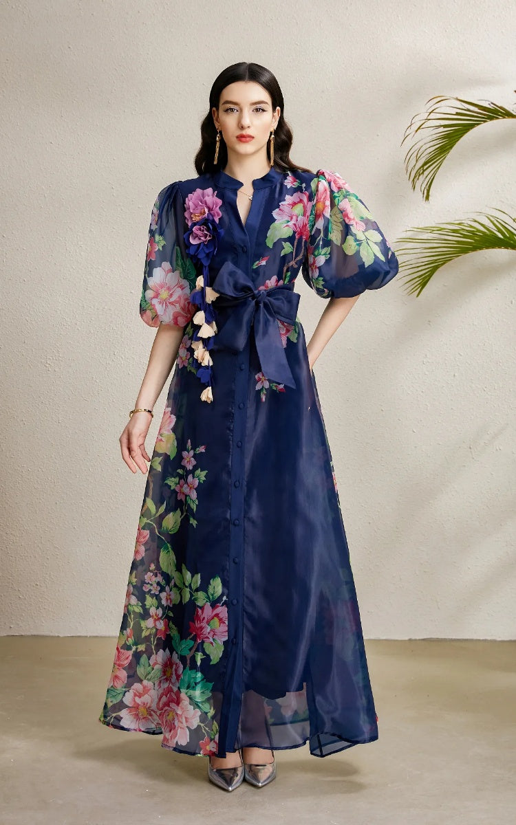 CM-DY050215 Women Elegant European Style Floral Print Round Neck Puff Sleeve Long Dress - Navy Blue