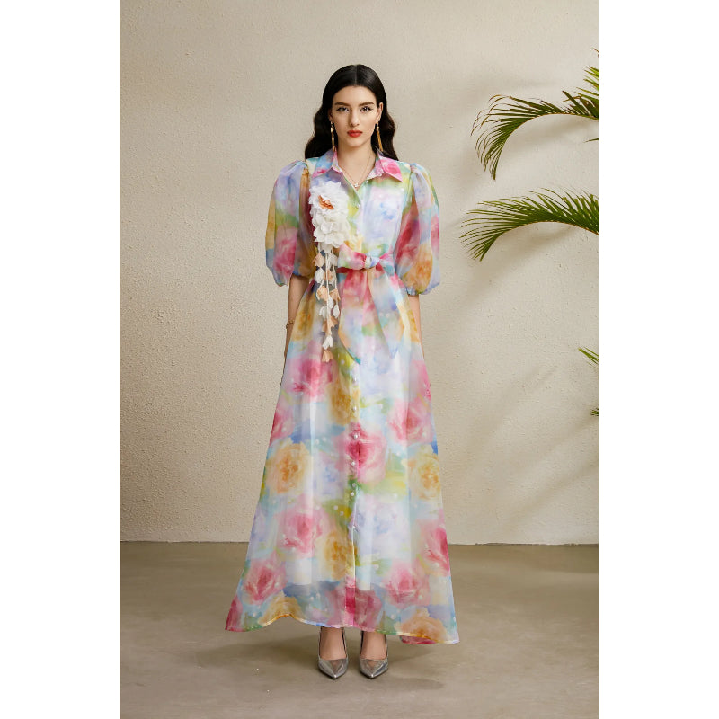 CM-DY050216 Women Elegant European Style Floral Print Lapel Neckline Puff Sleeve Long Dress
