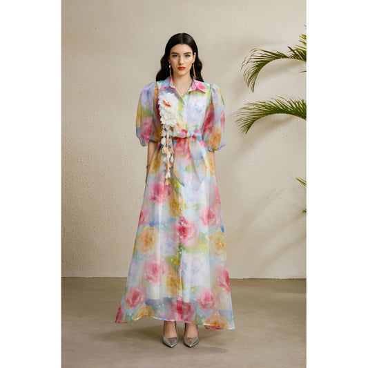 CM-DY050216 Women Elegant European Style Floral Print Lapel Neckline Puff Sleeve Long Dress
