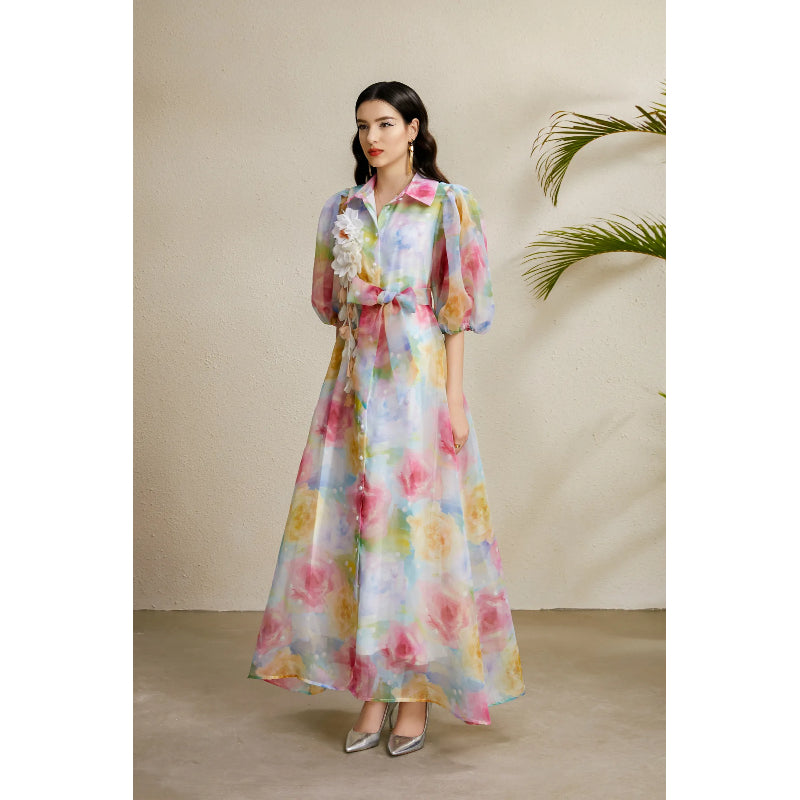 CM-DY050216 Women Elegant European Style Floral Print Lapel Neckline Puff Sleeve Long Dress