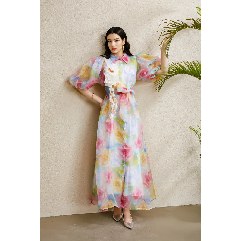 CM-DY050216 Women Elegant European Style Floral Print Lapel Neckline Puff Sleeve Long Dress