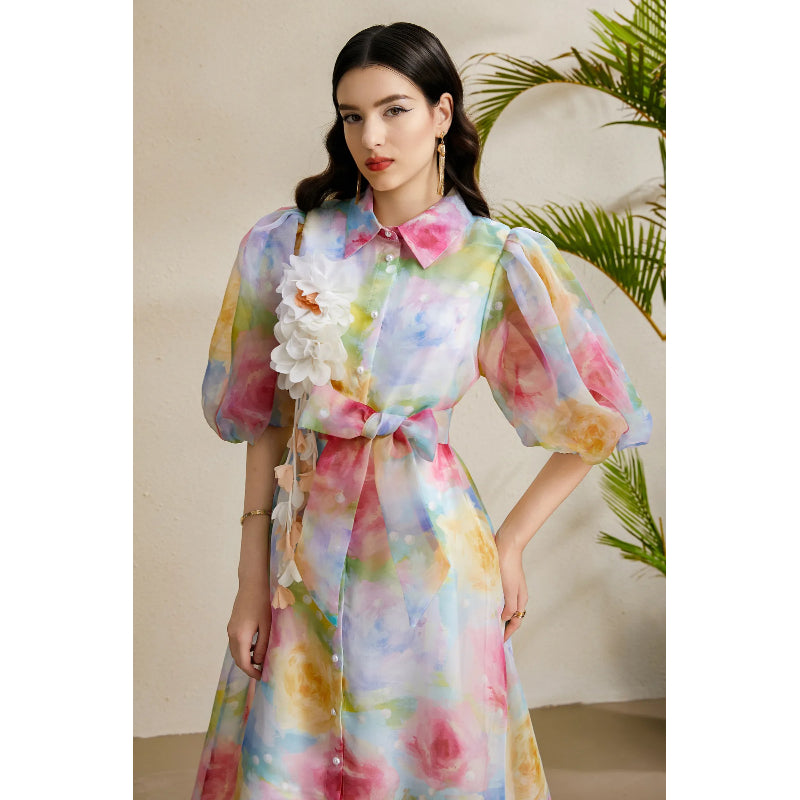 CM-DY050216 Women Elegant European Style Floral Print Lapel Neckline Puff Sleeve Long Dress