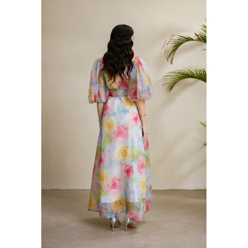 CM-DY050216 Women Elegant European Style Floral Print Lapel Neckline Puff Sleeve Long Dress