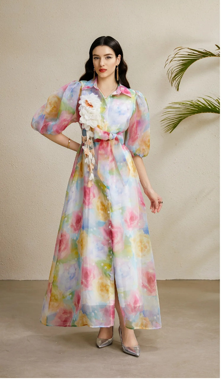 CM-DY050216 Women Elegant European Style Floral Print Lapel Neckline Puff Sleeve Long Dress
