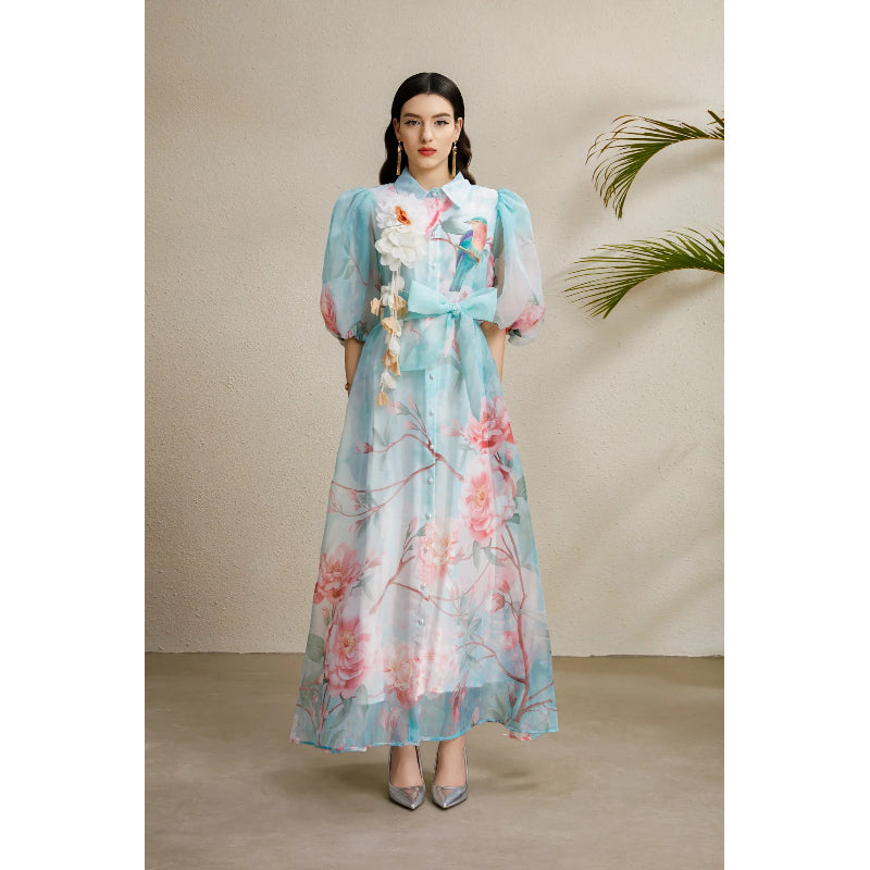 CM-DY050219 Women Elegant European Style Floral Print Lapel Neckline Puff Sleeve Long Dress