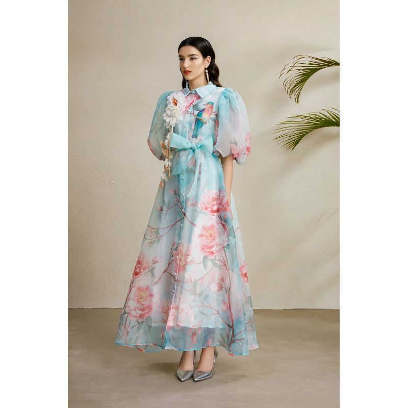 CM-DY050219 Women Elegant European Style Floral Print Lapel Neckline Puff Sleeve Long Dress