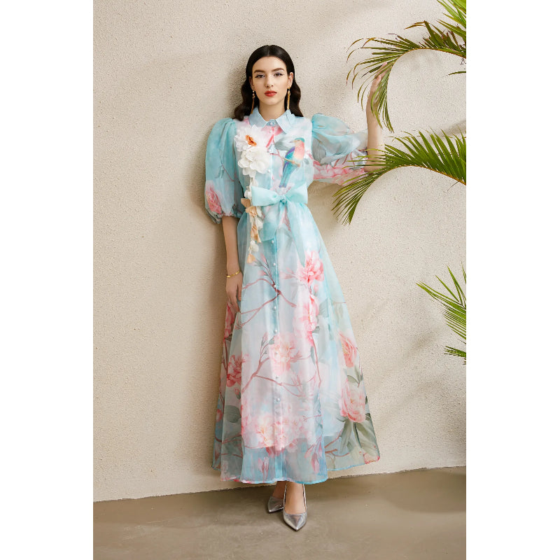 CM-DY050219 Women Elegant European Style Floral Print Lapel Neckline Puff Sleeve Long Dress