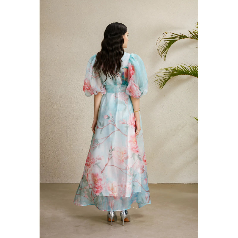 CM-DY050219 Women Elegant European Style Floral Print Lapel Neckline Puff Sleeve Long Dress
