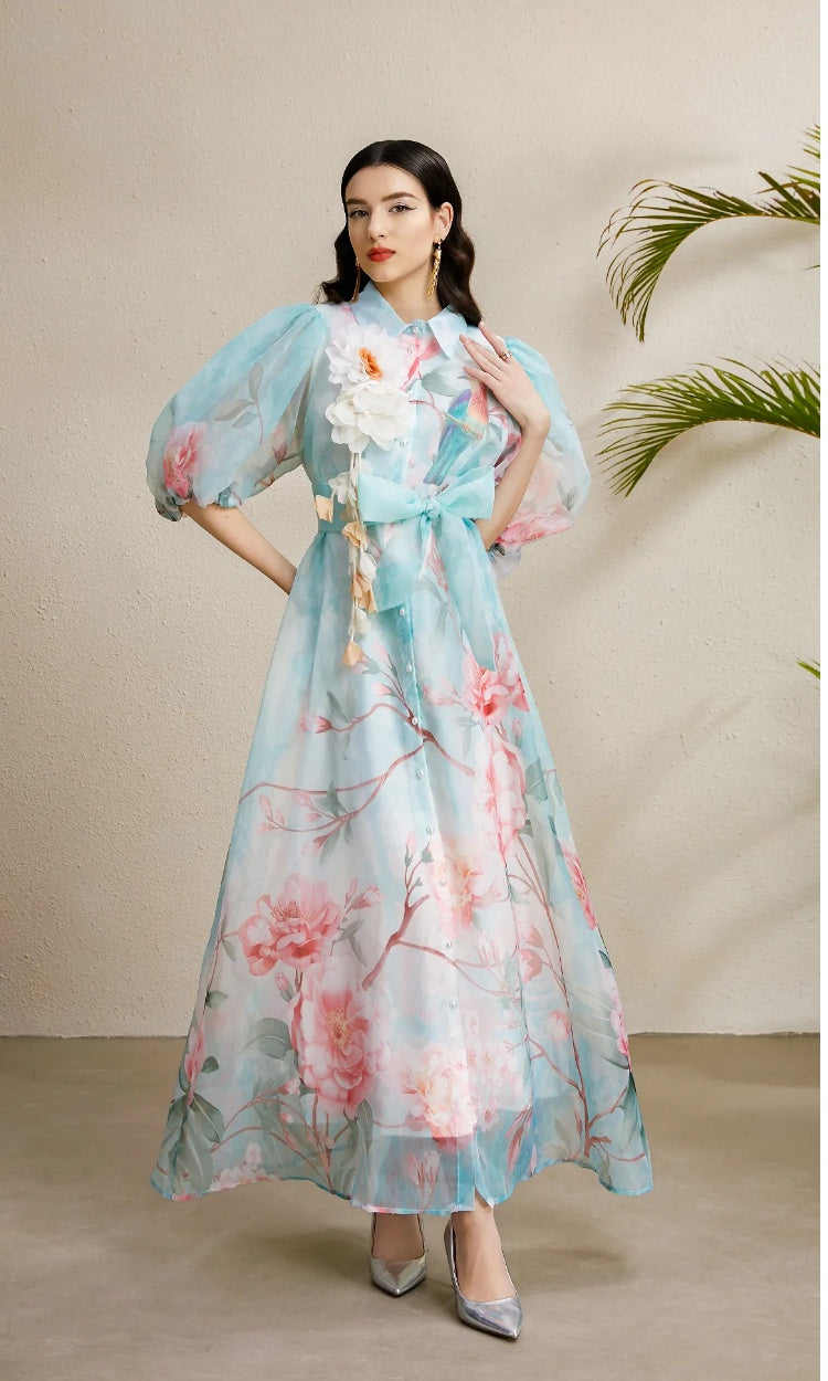 CM-DY050219 Women Elegant European Style Floral Print Lapel Neckline Puff Sleeve Long Dress