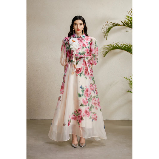 CM-DY050220 Women Elegant European Style Floral Print Lapel Neckline Puff Sleeve Long Dress - Pink