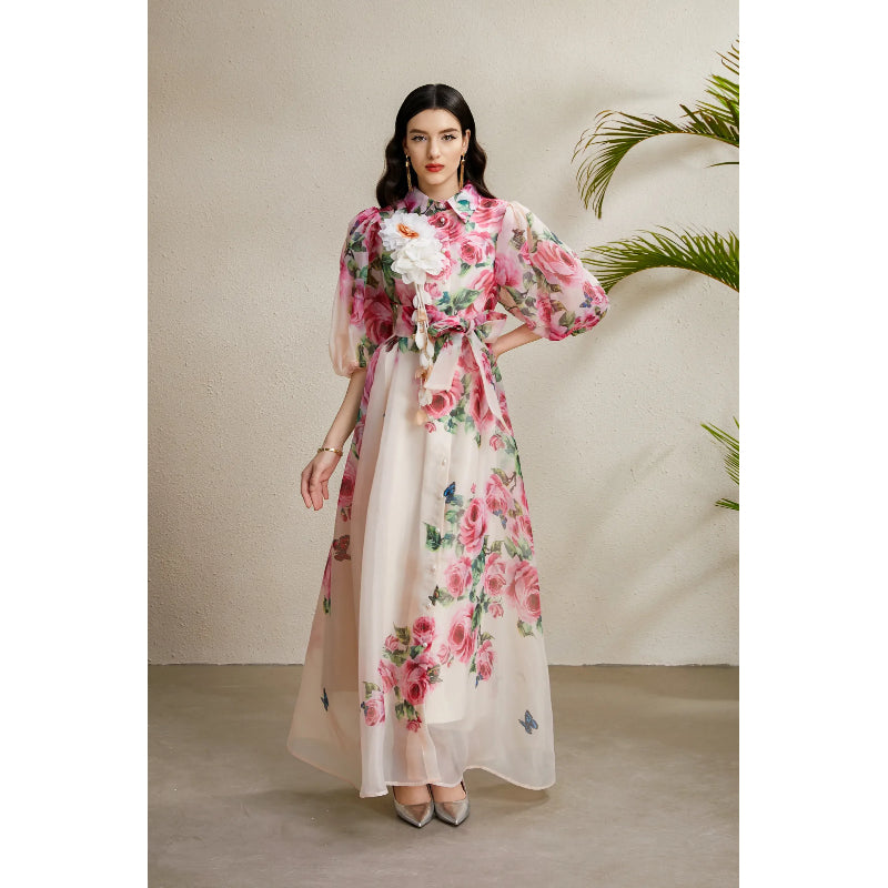 CM-DY050220 Women Elegant European Style Floral Print Lapel Neckline Puff Sleeve Long Dress - Pink