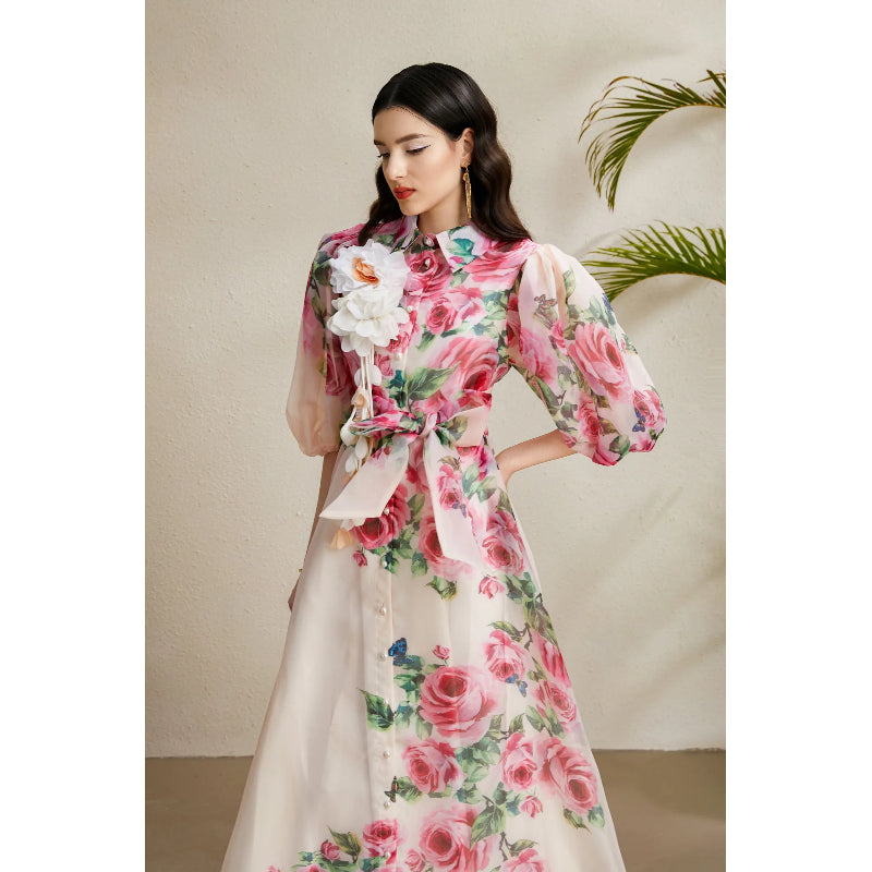 CM-DY050220 Women Elegant European Style Floral Print Lapel Neckline Puff Sleeve Long Dress - Pink